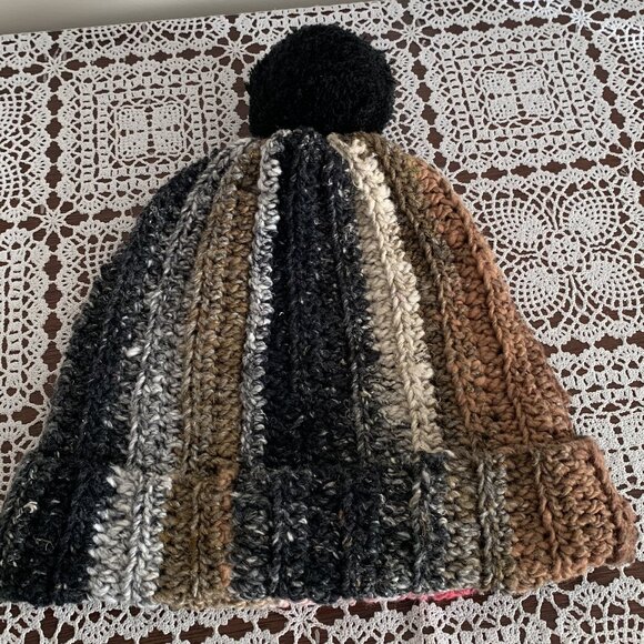 Hand Crocheted Ladies Hat Cap Beanie Black Brown Pink One Size Warm Winter Wear - Picture 1 of 4